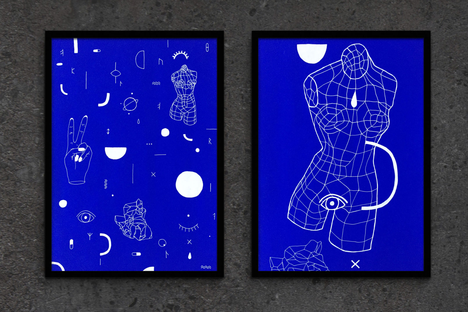 ultra marine blue paper with white drawn lines