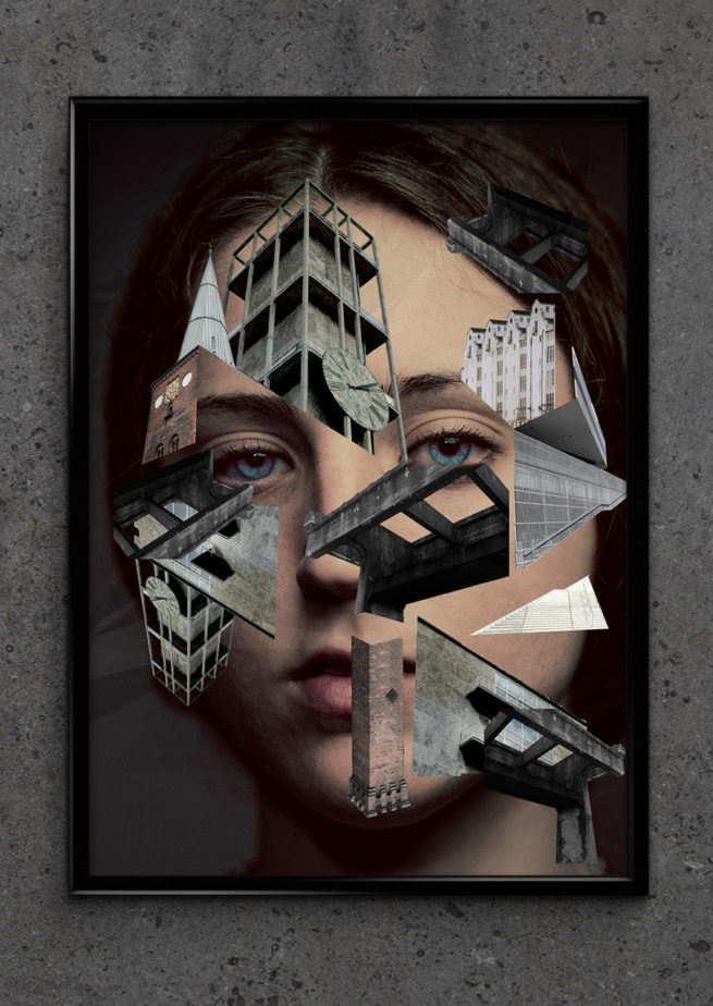 Poster design. Plakat i sort ramme. Billede af en kvinde med fragmenterede by dele foran