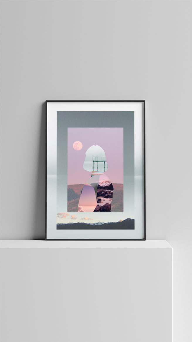 pastel collage plakater, ryggen af en pige med page hår