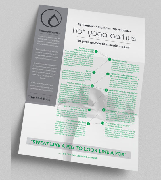 Lys poster design med grøn tekst og en grå boks, billede af en pige i yoga stilling