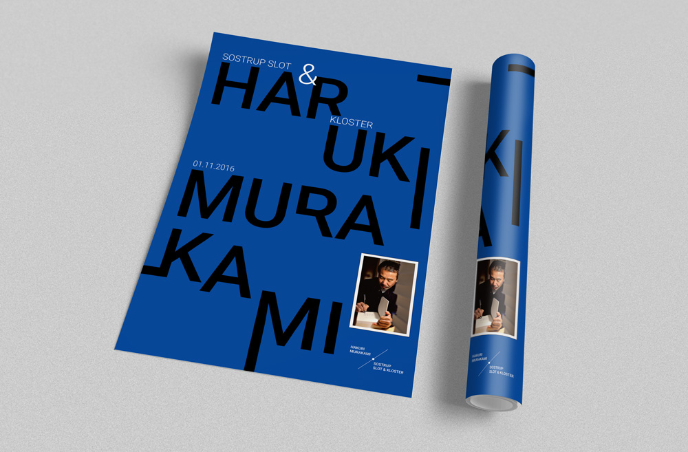 ultramarin blå poster design med skriften Harakiri Murakami og et lille billede af forfatteren
